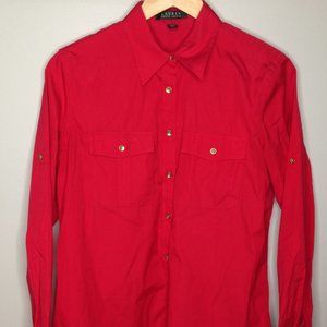 Womens Red Ralph Lauren Red Long Sleeve shirt , Gold Buttons ,Sz Md , 100 % Cott